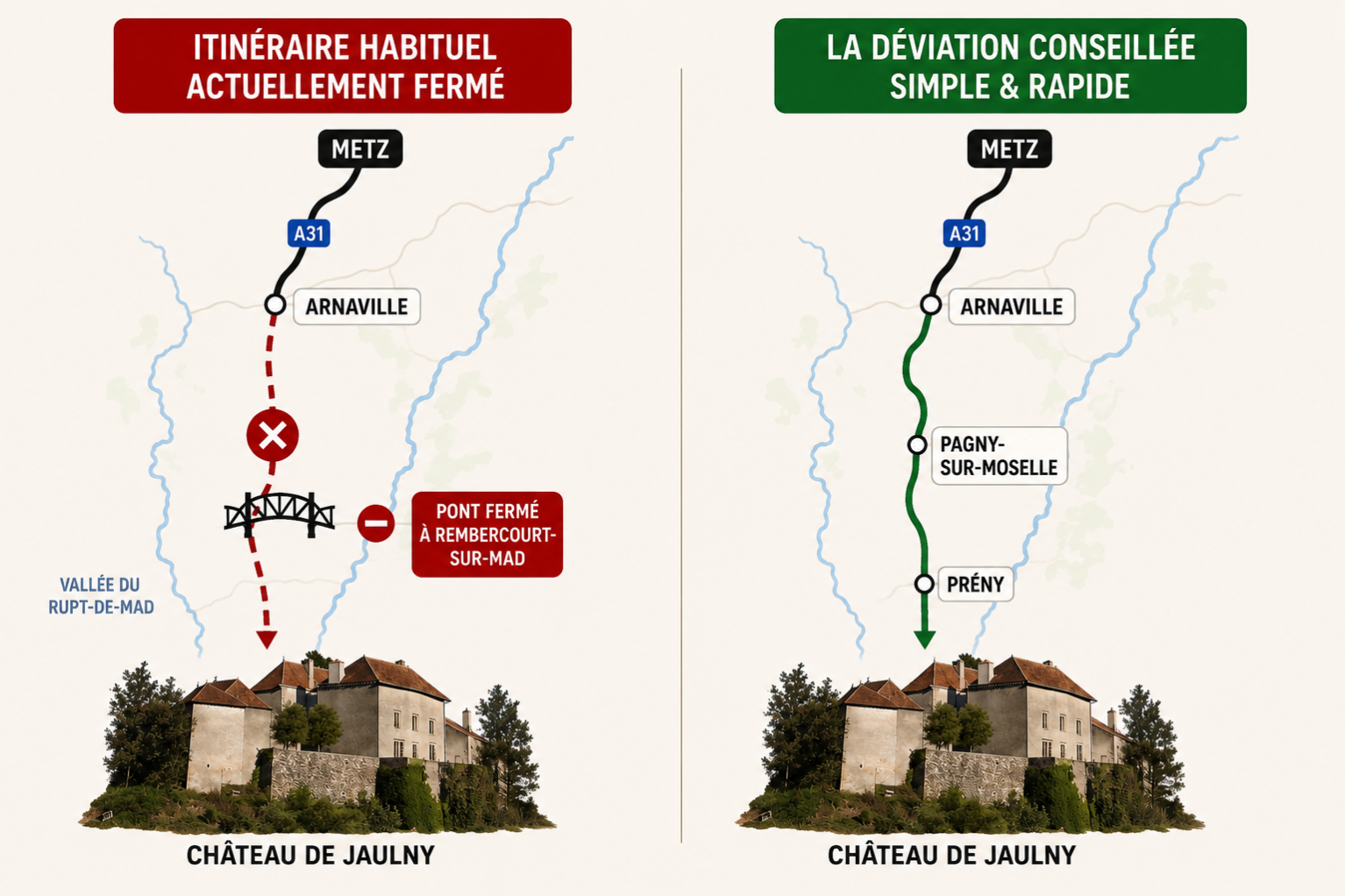 Plan déviation pour venir au Château depuis METZ THIONVILLE suivez pagny sur moselle puis jaulny